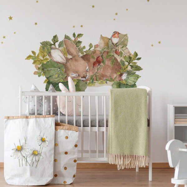 Children's room with a wall sticker with a rabbit surrounded by plants