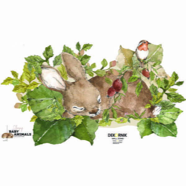 Wall sticker with a sleeping rabbit surrounded by plants
