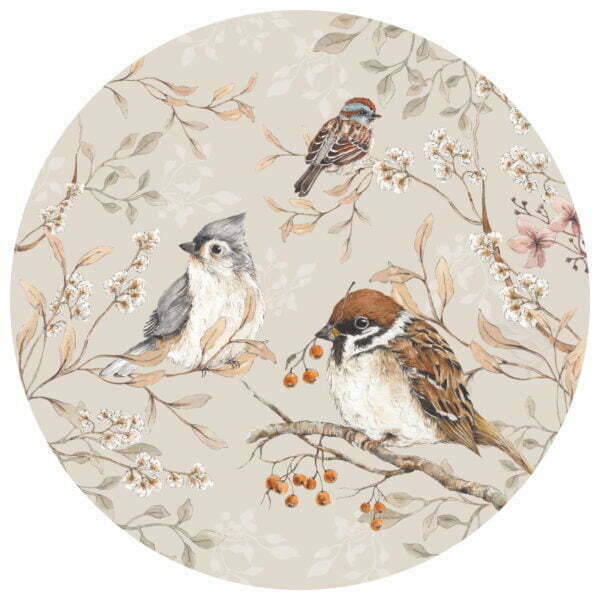 Round wall sticker for baby and children's room decoration with three different birds sitting on flowering branches