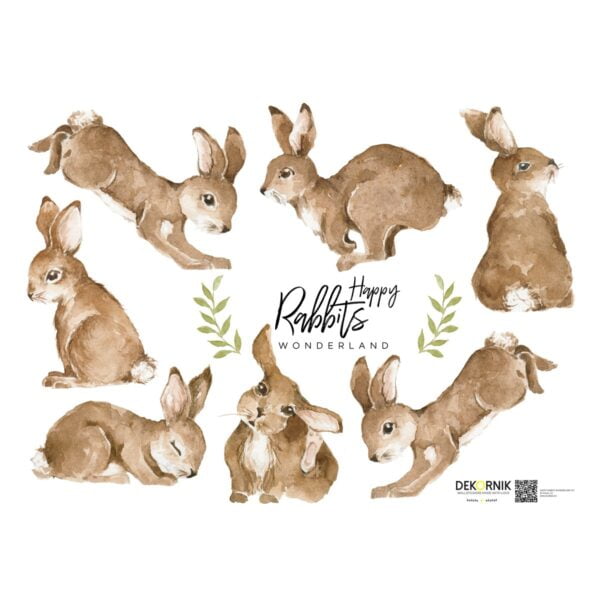 Wall sticker with seven brown rabbits, one sleeping, three hopping, two sitting and one watching