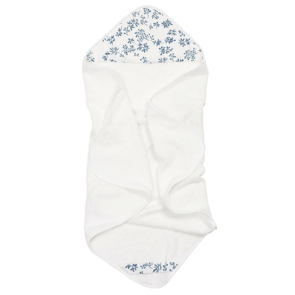 Organic cotton baby hooded towel with blue floral motif