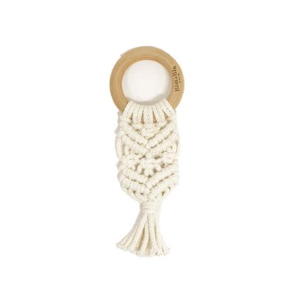Boho teething ring in ecru color with a wooden ring and braided with natural cord