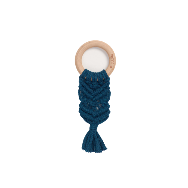 Boho teething ring in navy blue color with a wooden ring and braided with natural cord