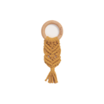 Boho teething ring in yellow color with a wooden ring and braided with natural cord