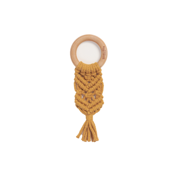 Boho teething ring in yellow color with a wooden ring and braided with natural cord