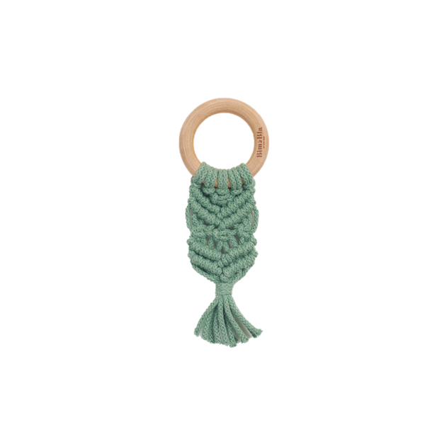 Boho teething ring in green color with a wooden ring and braided with natural cord