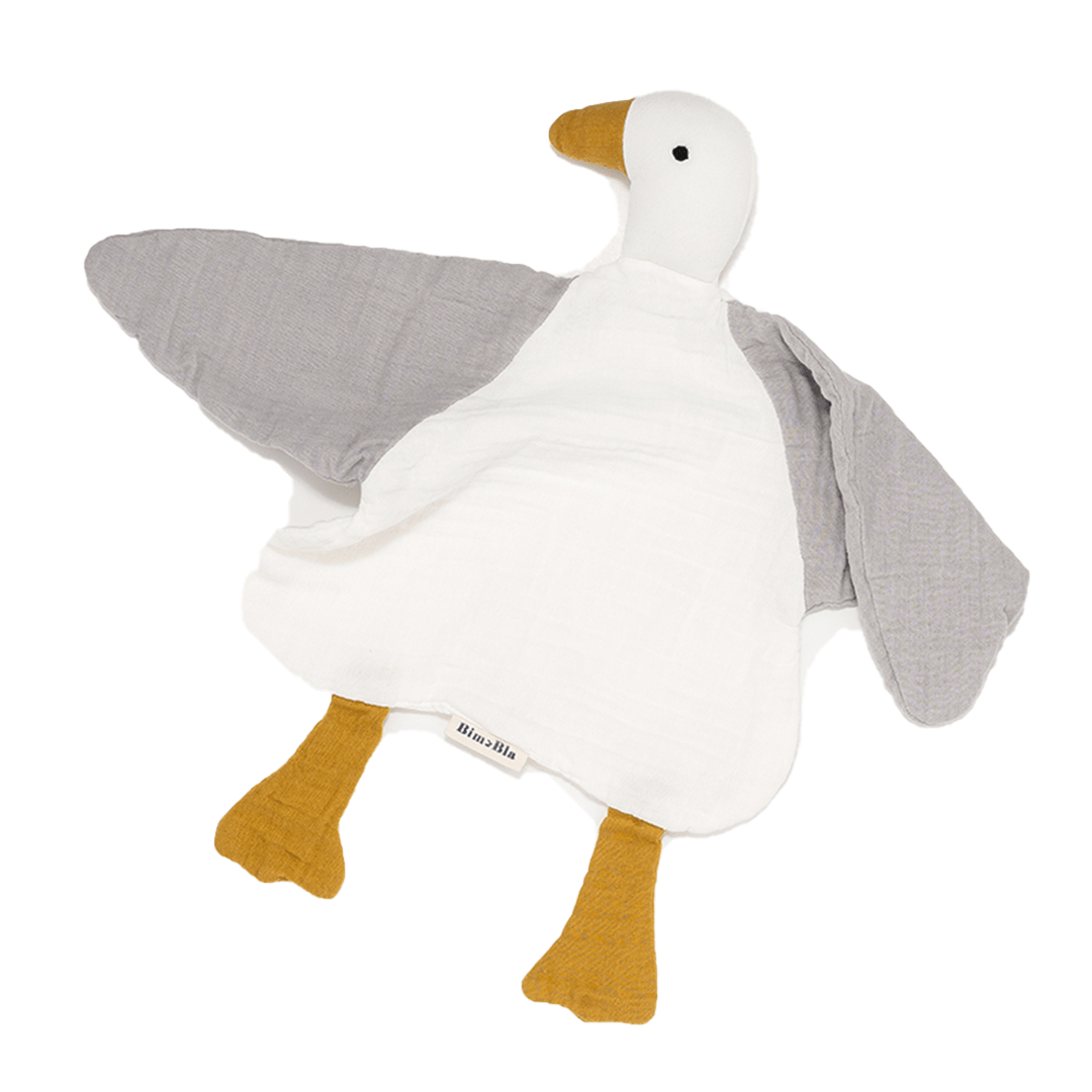 Cuddle cloth duck with wings and legs in gray, white and caramel colors made from organic muslin