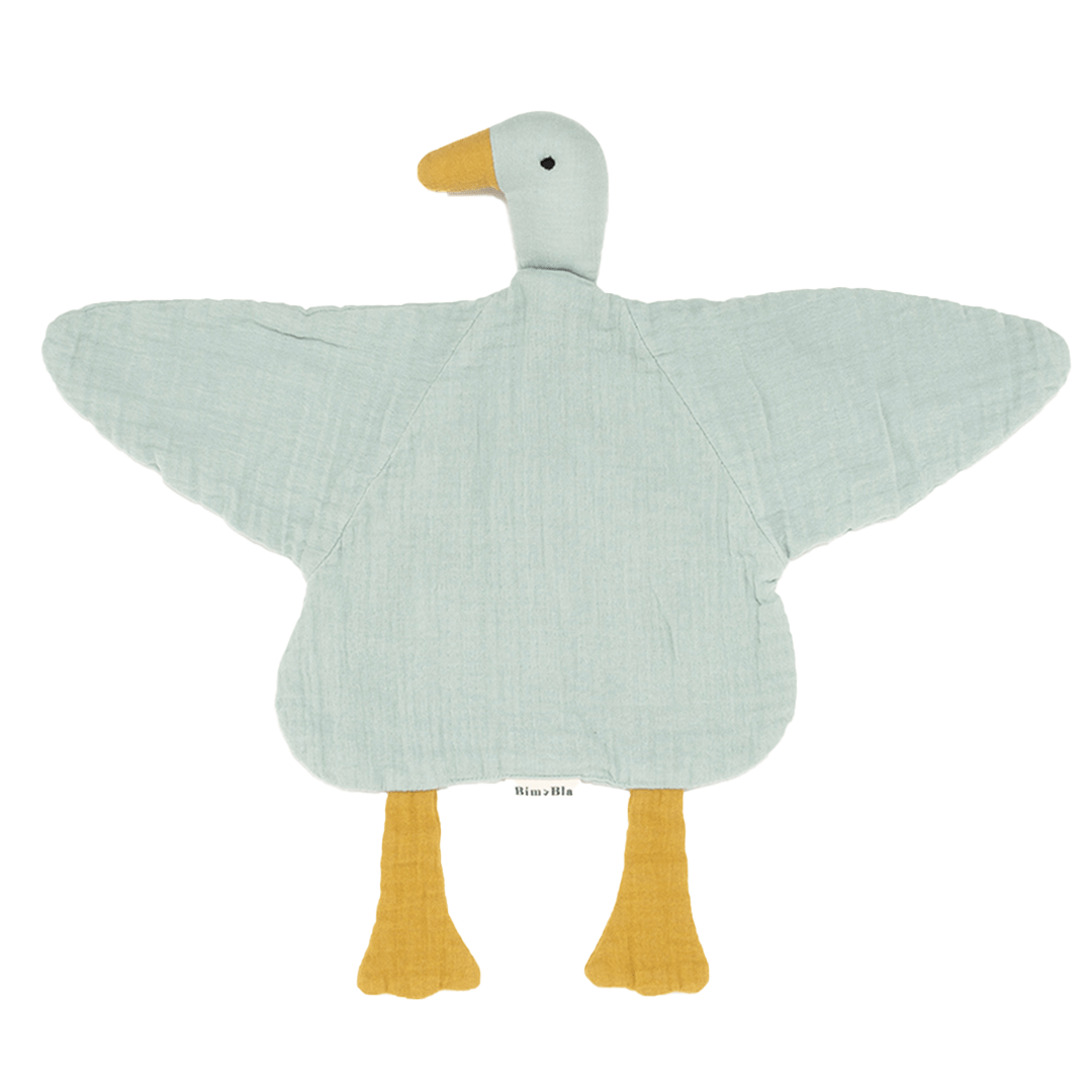 Cuddle cloth duck with wings and legs in mint and caramel colors made from organic muslin