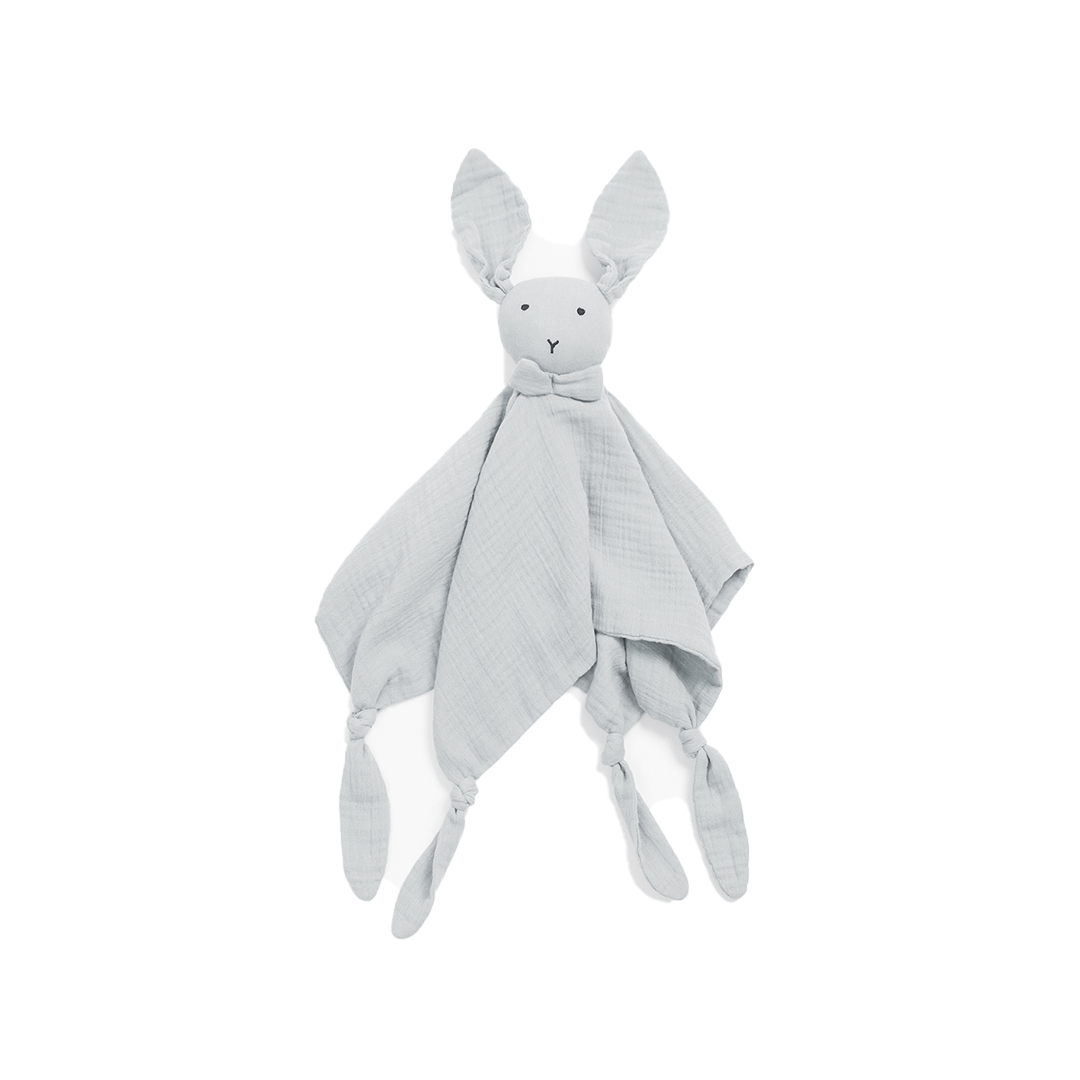 Cuddle cloth bunny with long ears and four knots in gray color made from organic muslin