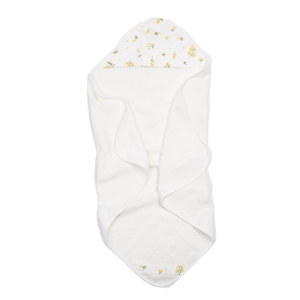 Organic cotton baby hooded towel with yellow floral motif