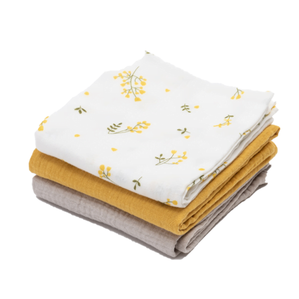 three folded muslin cloths, one in floral design, the second all in yellow and the third grey