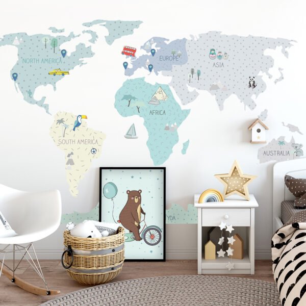 Kinderzimmer mit Wandsticker Weltkarte in minze pastell Farben mit Kontinenten unterschrieben auf Englisch