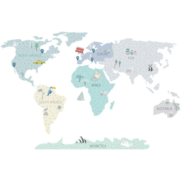 Wandsticker Weltkarte in minze pastell Farben mit Kontinenten unterschrieben auf Englisch