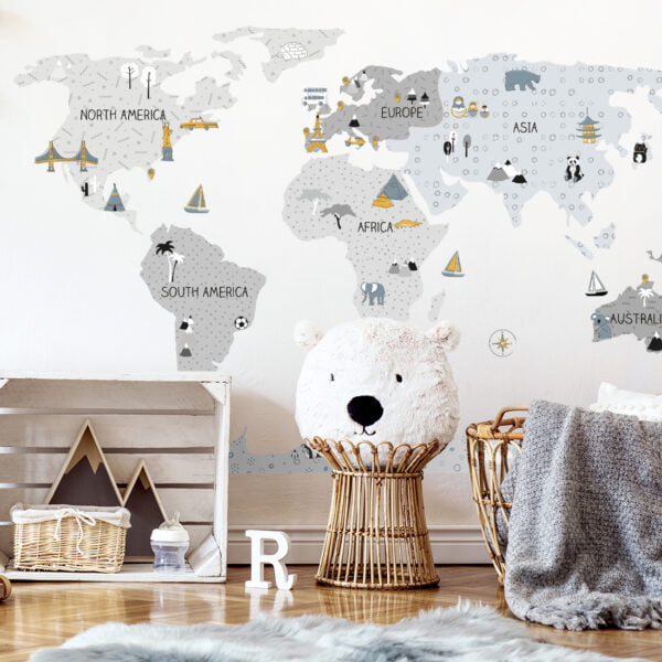 Kids room with wall sticker world map in gray pastel colors with continents signed in English