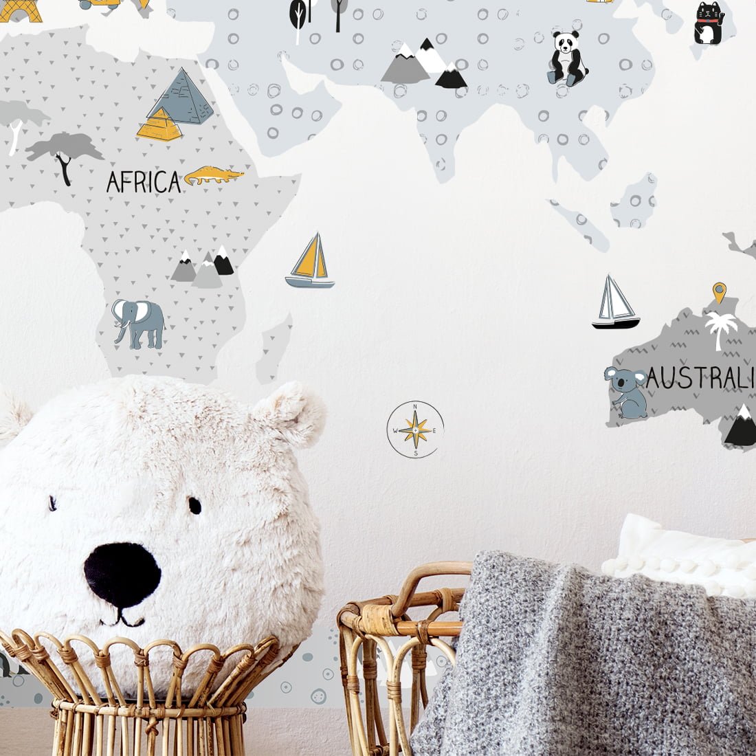 Wandsticker Weltkarte in grauen Farben mit zwei Kontinenten unterschrieben auf Englisch