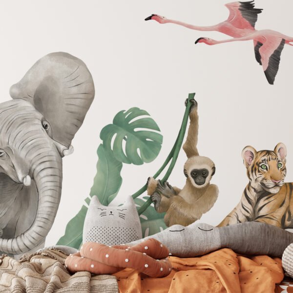 Kids room with safari wall stickers with an elephant, tiger, monkey, flamingo and plants