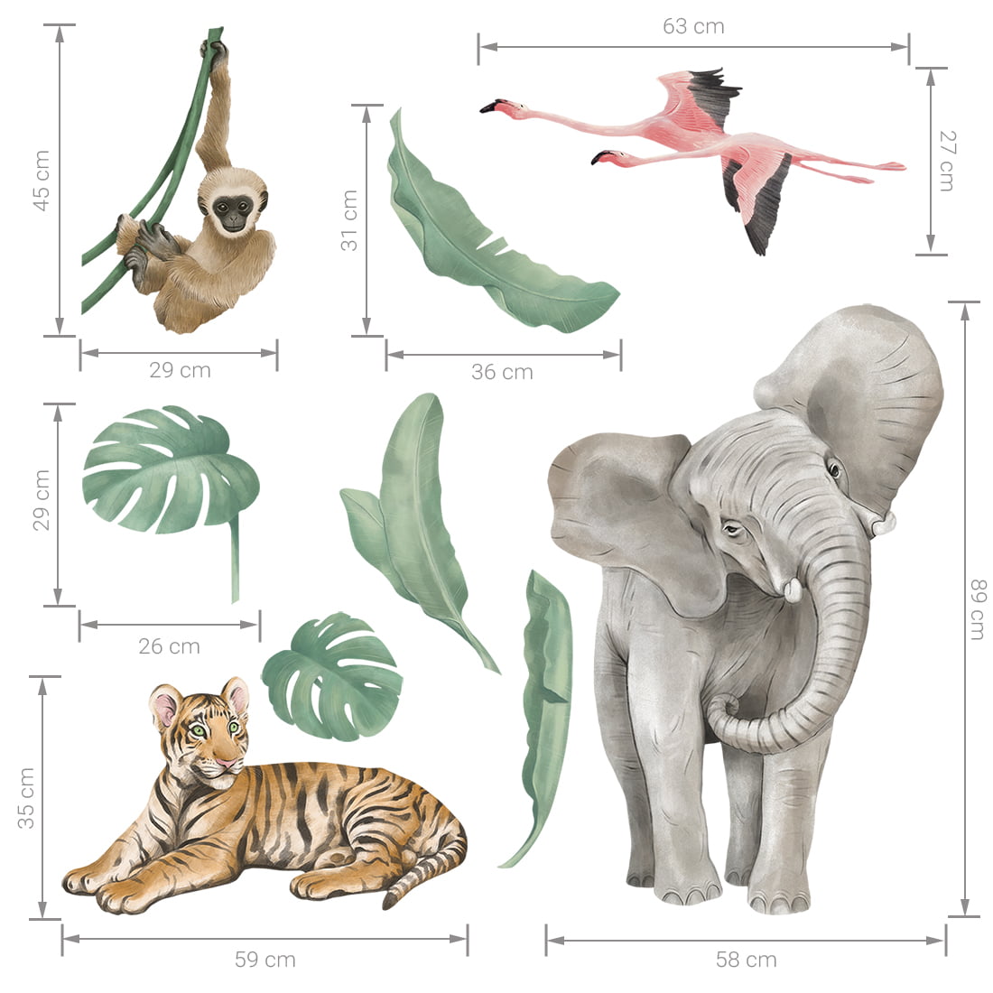 Wandaufkleber Safari mit einem Elefanten, Tiger, Flamingo, Affen und sämtlichen Pflanzen mit Grössen angezeigt