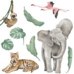 Wandaufkleber Safari mit einem Elefanten, Tiger, Flamingo, Affen und sämtlichen Pflanzen