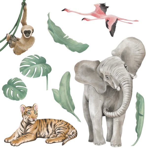 Wall stickers with an elephant, tiger, monkey, flamingo and plants