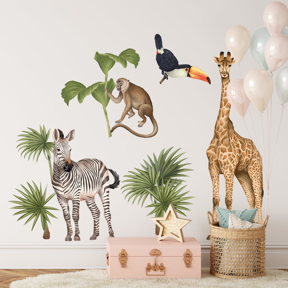 Kinderzimmer mit Wandaufkleber Safari mit einem Zebra, Giraffe, Tucan, einen Affen und sämtlichen Pflanzen