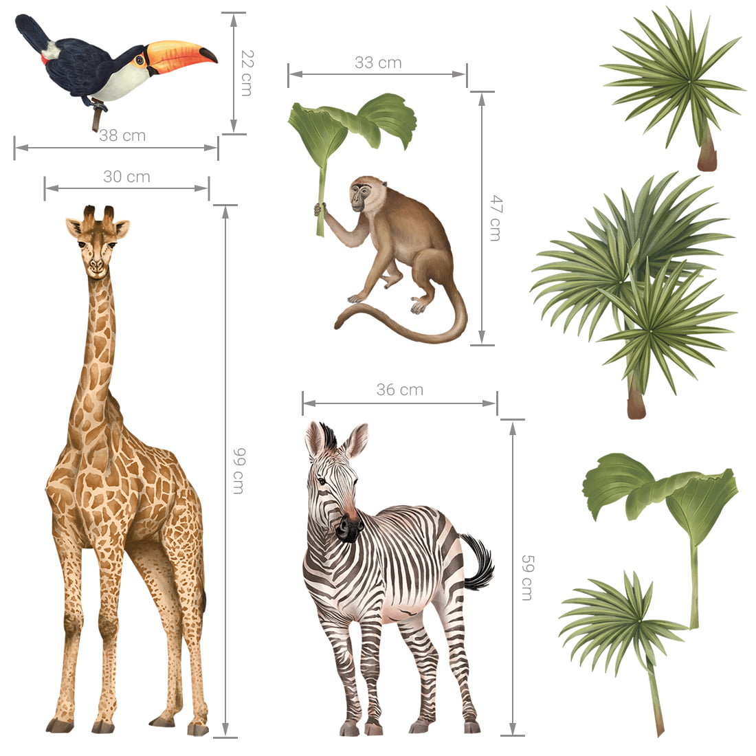Wandaufkleber Safari mit einem Zebra, Giraffe, Tucan, einen Affen und sämtlichen Pflanzen mit Grössen angezeigt