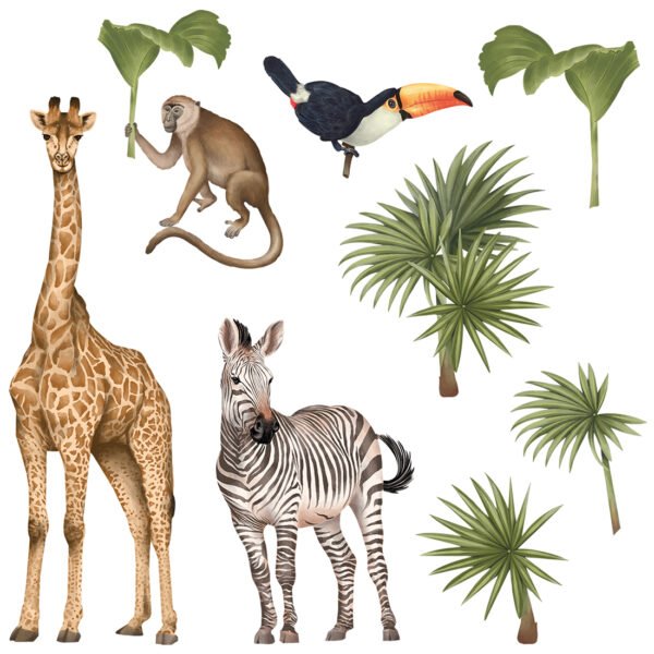 Wall stickers with a zebra, giraffe, monkey, tucan and plants