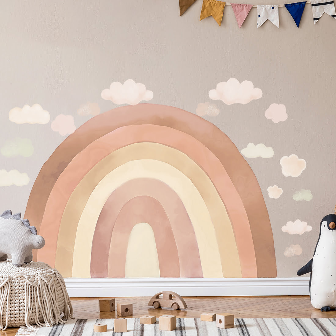 Kinderzimmer mit Wandsticker Regenbogen in beige Tönen mit bunten Wolken mit Grössen angezeigt