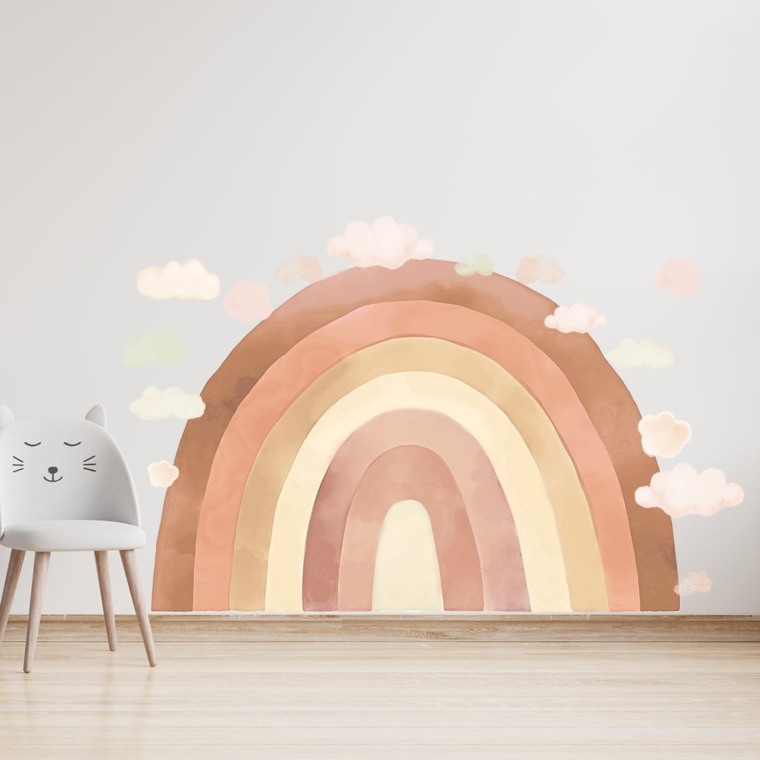 Kinderzimmer mit Wandsticker Regenbogen in beige Tönen mit bunten Wolken mit Grössen angezeigt