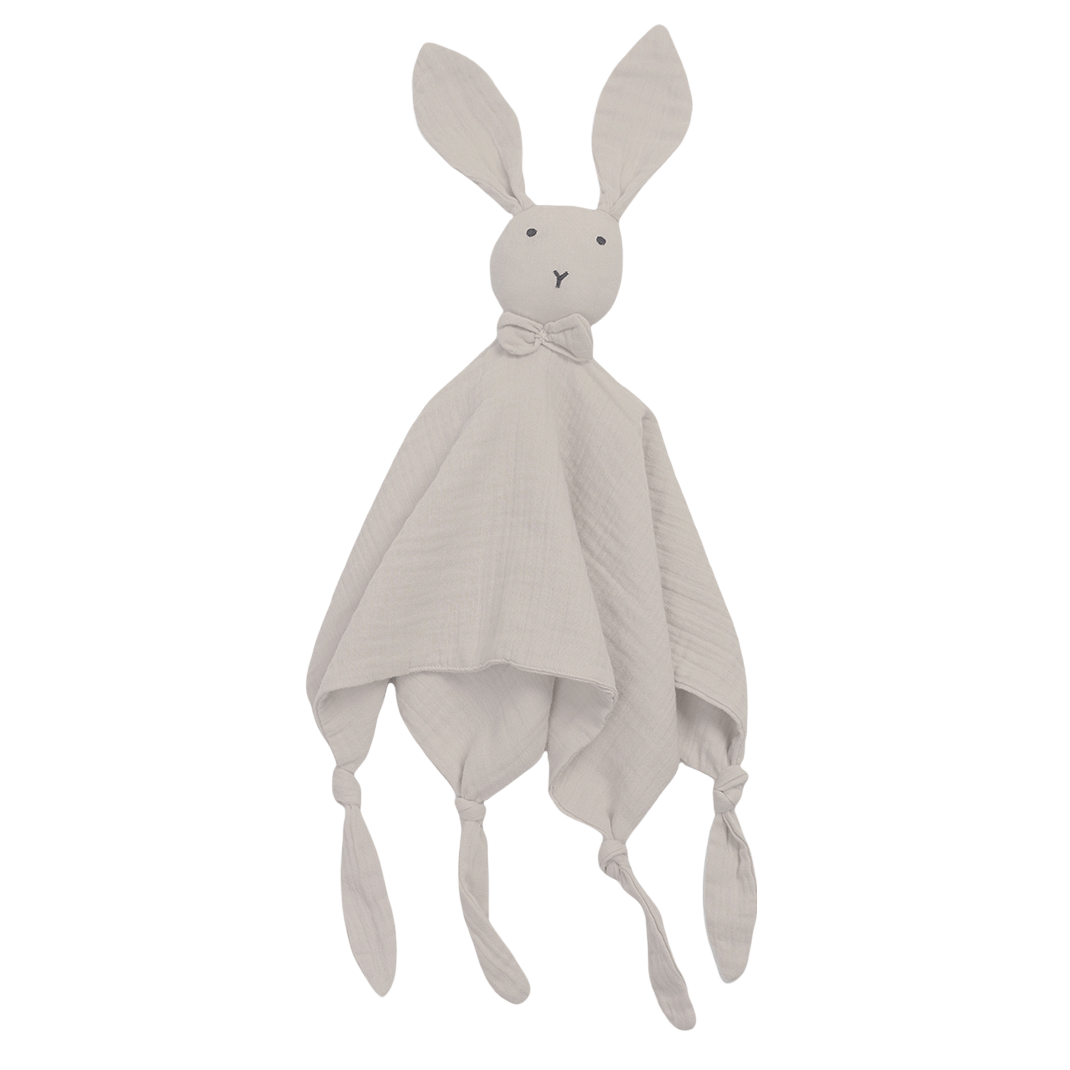 Cuddle cloth bunny with long ears and four knots in taupe color made from organic muslin