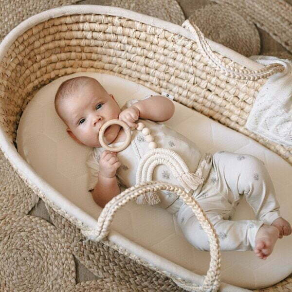 A baby in moses basket wearing a wrapover bodysuit with short sleeves and leggings with Boho Leaf design made of organic cotton